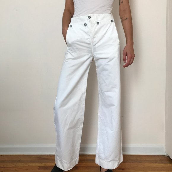 High Waisted Wide Leg White Sailor Navy Pants 28 - Picture 2 of 10
